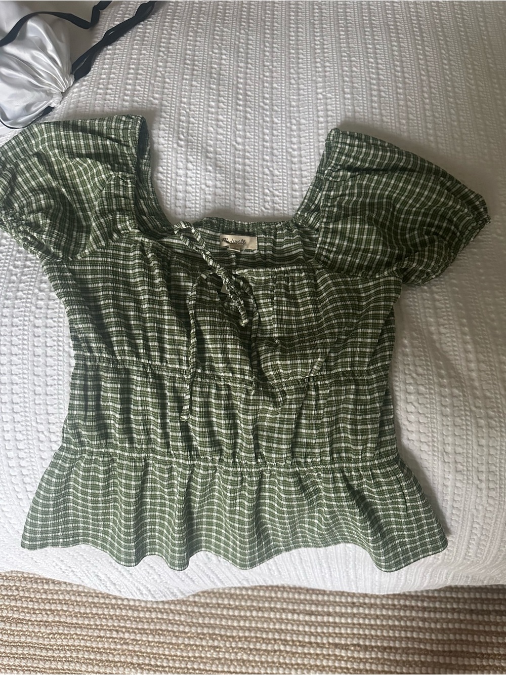 Madewell Olive Green Plaid Smocked Peasant Top